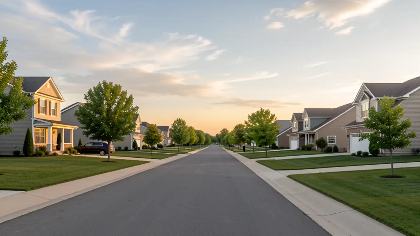 Wide suburban street scene showing a mix of Waukee-style homes, trees, and sidewalks at sunset