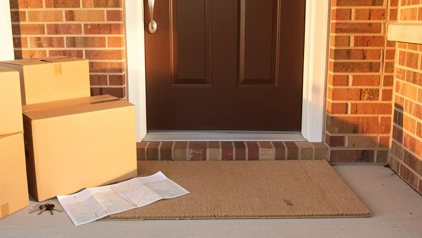 Moving boxes, house keys, and a neighborhood map on a suburban Waukee-style front porch at sunset