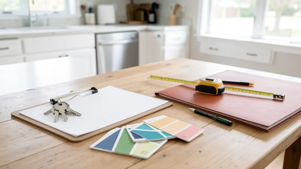 Seller prep materials on a bright kitchen table with keys, paint swatches, tape measures, and a blank clipboard in a Waukee-style home
